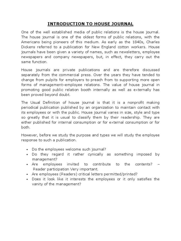 INTRODUCTION TO HOUSE JOURNAL Public Relations Expert