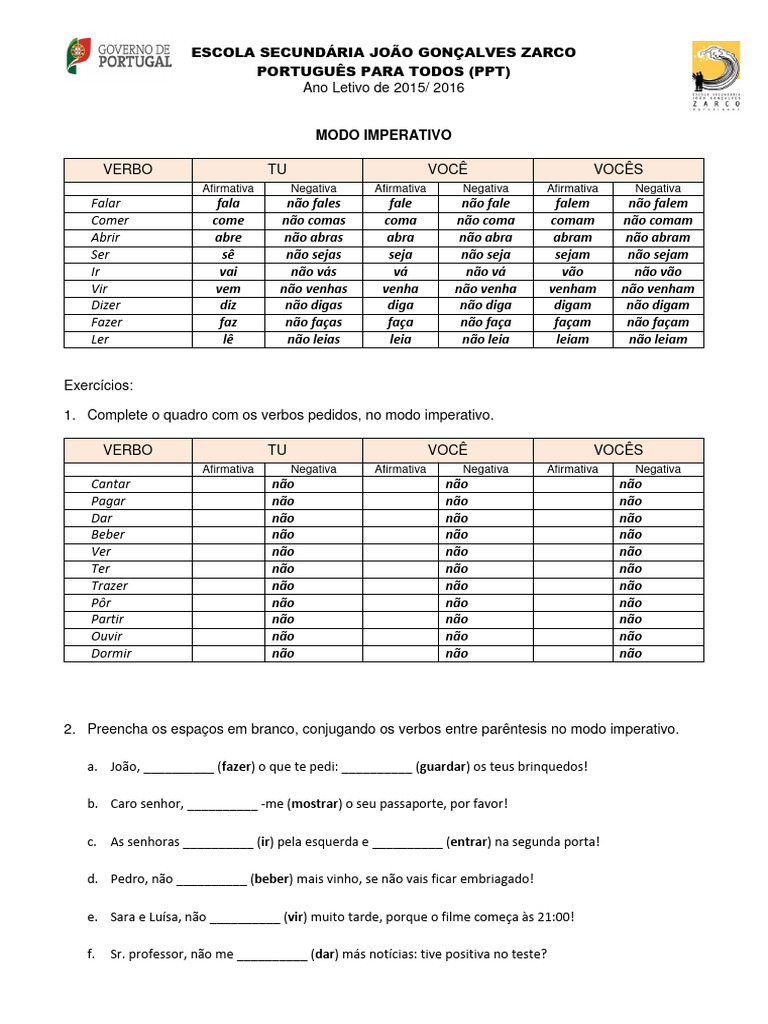 Modo Imperativo em Português: Exercícios | PDF