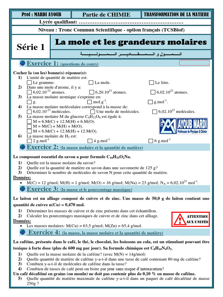 Masse Molaire et Exercices de Chimie | PDF | Café | Mole (unité)