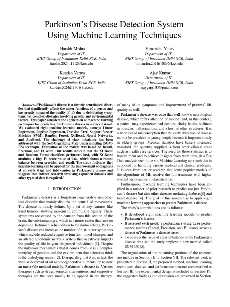 Machine Learning for Parkinson's Detection | PDF | Machine Learning ...