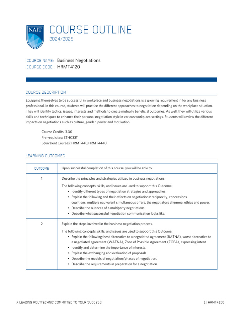 Course Outline HRMT4120 - 2024 | PDF | Negotiation | Computing