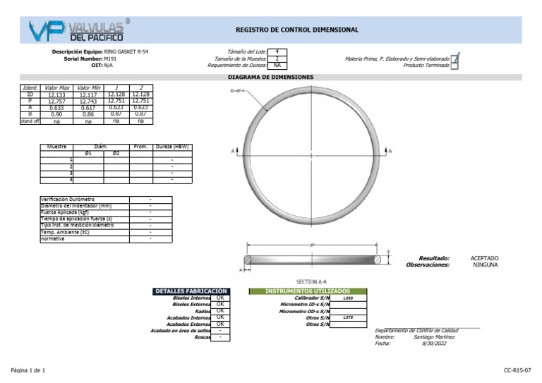Control Dimensional RING GASKET R-54 | PDF | Dureza | Sector secundario ...
