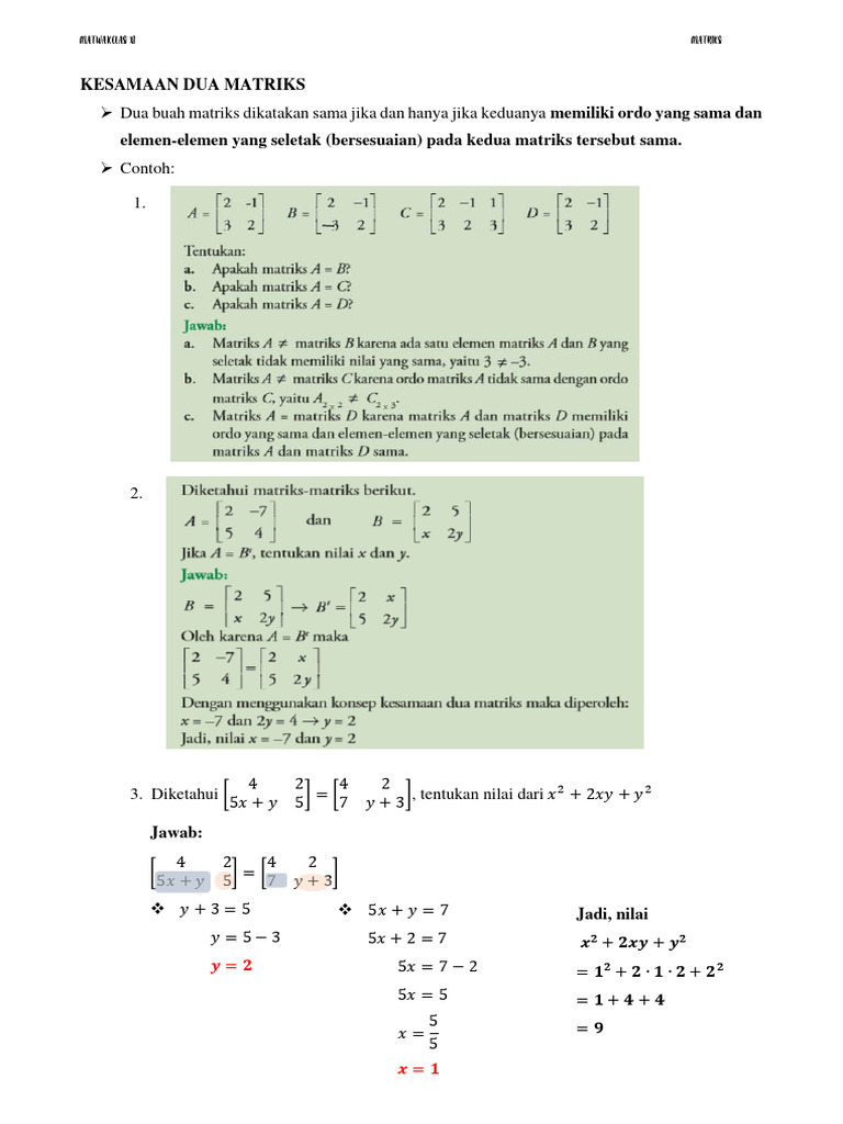 Kesamaan Matriks dan Penyelesaian Nilai Variabel | PDF