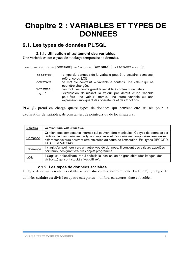 Variables et Types de Données PL/SQL | PDF | SQL | PL/SQL
