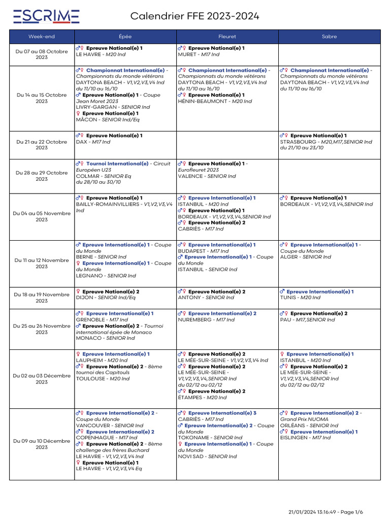 Calendrier FFE 2023-2024 Escrime | PDF | Outils | Armes tranchantes