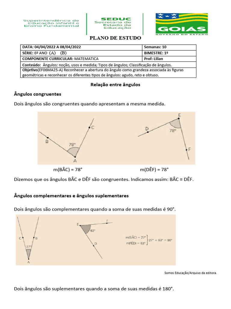 Aula 01 - Angulos Complementares e Suplementares - Matematica | PDF ...