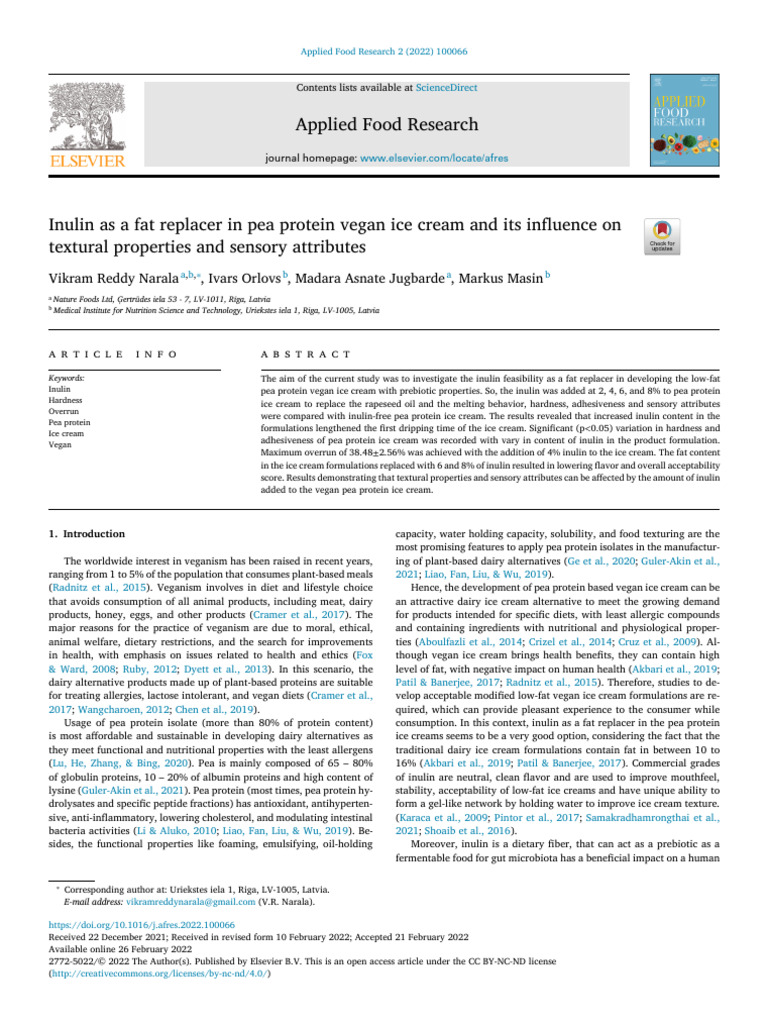 Inulin as a fat replacer in pea protein vegan ice cream PDF Foods Nutrition