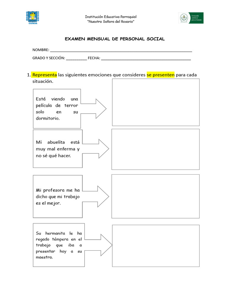 Examen Mensual de Personal Social 3° | PDF