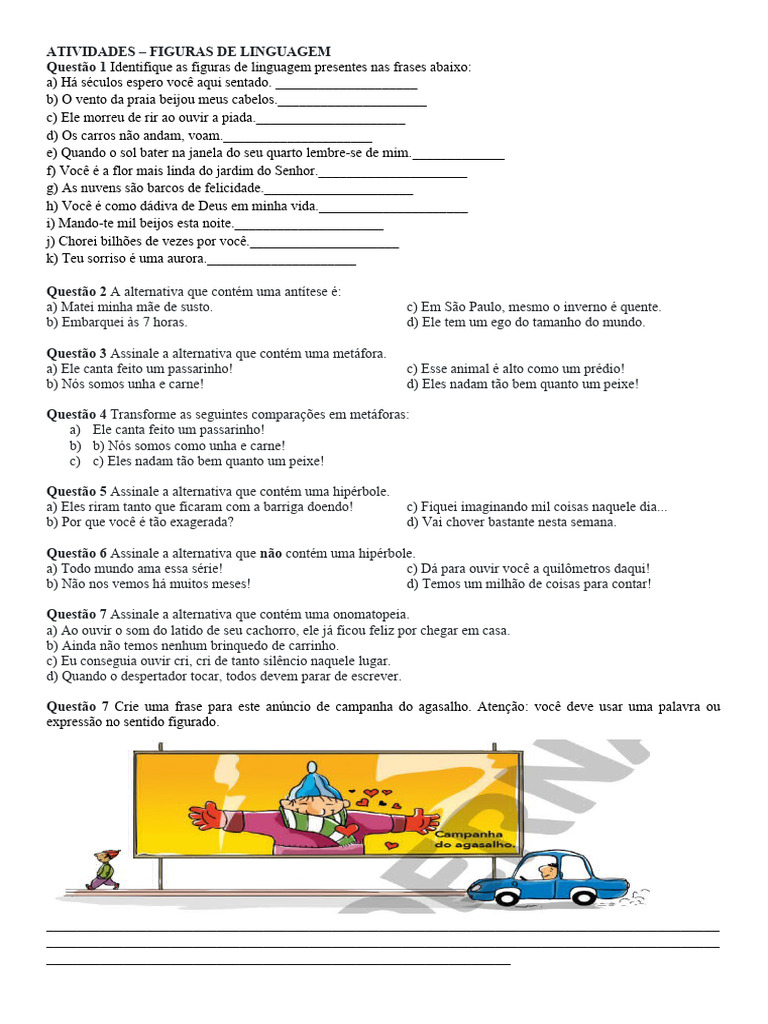 Exercícios Figuras de Linguagem Com Gabarito | PDF | Metáfora