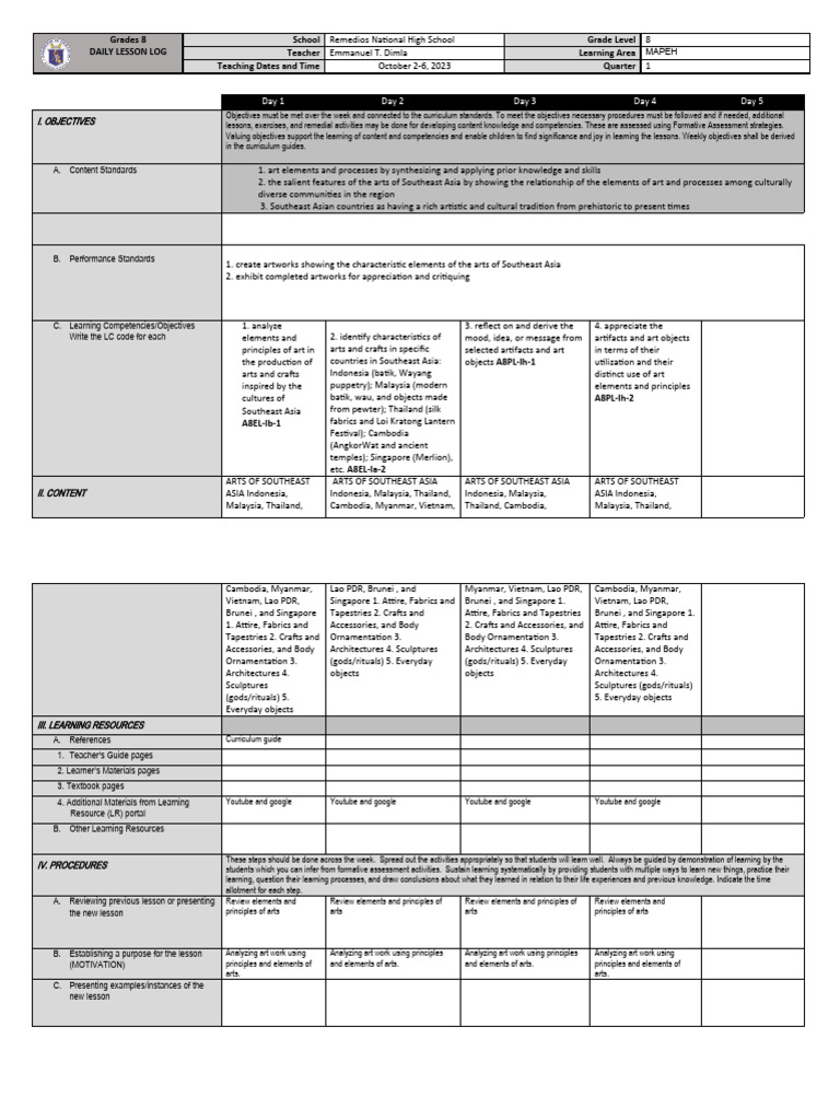Grade 8 MAPEH Daily Lesson Plan | PDF | Learning | Teachers