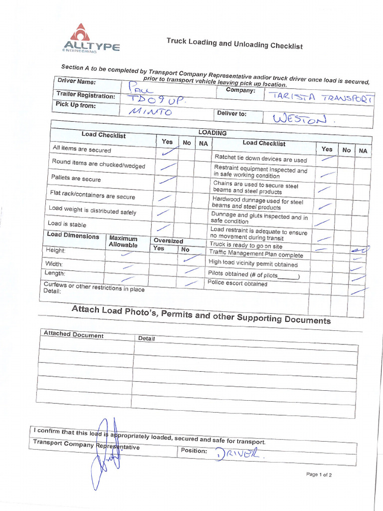 Truck loading and unloading checklist tarista transport td09up pdf