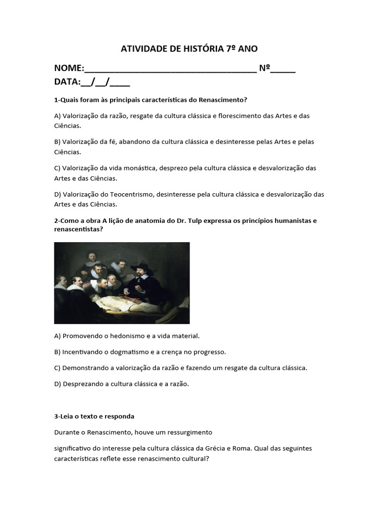 Atividade de História 7º Ano | PDF | Renascimento | Idade Média