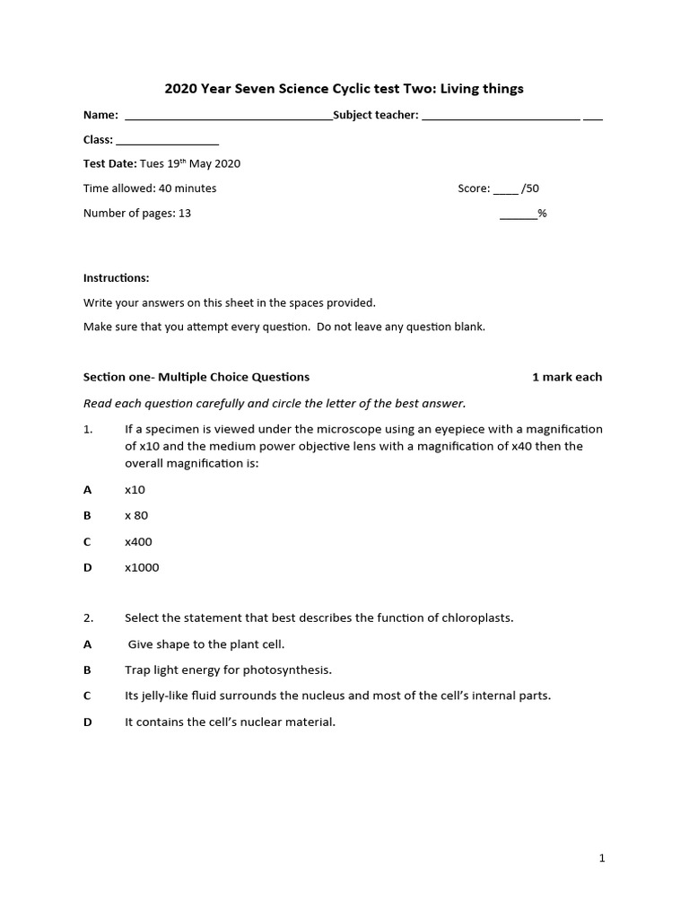 Year 7 Science Test: Living Things | PDF | Cell (Biology) | Biology