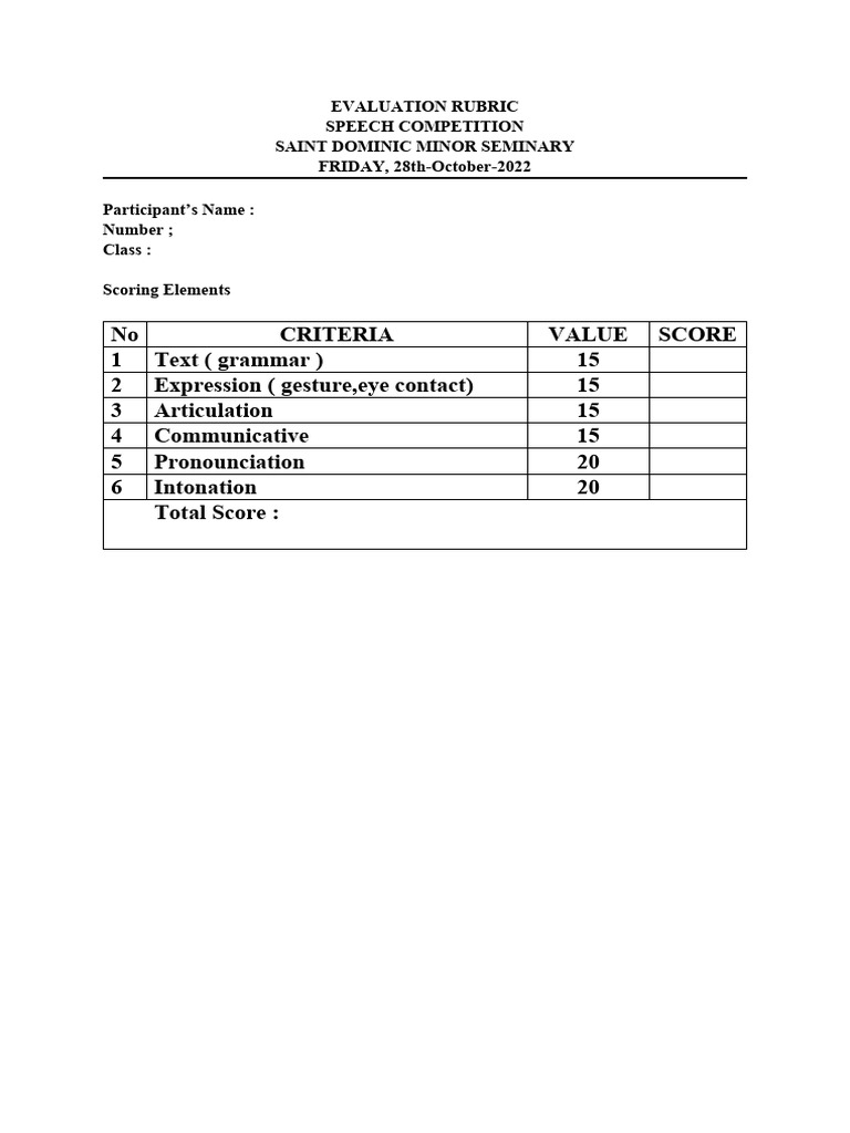 Speech Competition Evaluation Rubric | PDF