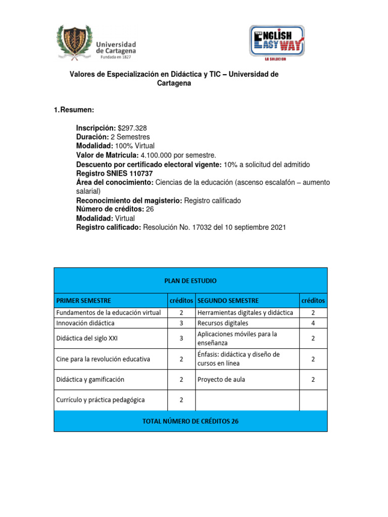 Especialización Didáctica y TIC U. Cartagena | PDF | Plan de estudios ...