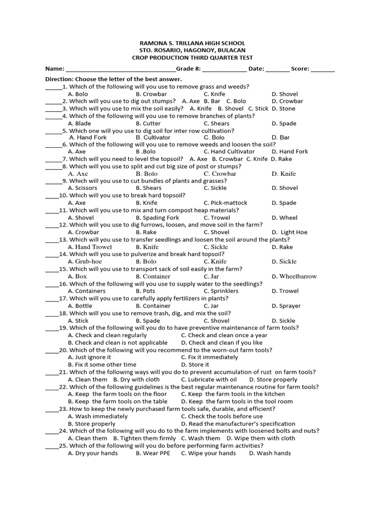 Grade 8 Crop Production Test Guide | PDF | Plough | Foot (Unit)