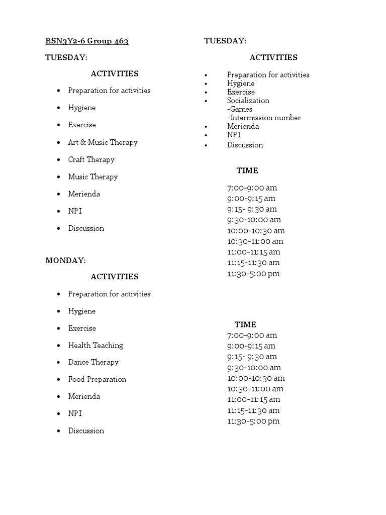 Weekly Activity Schedule for Group 463 | PDF