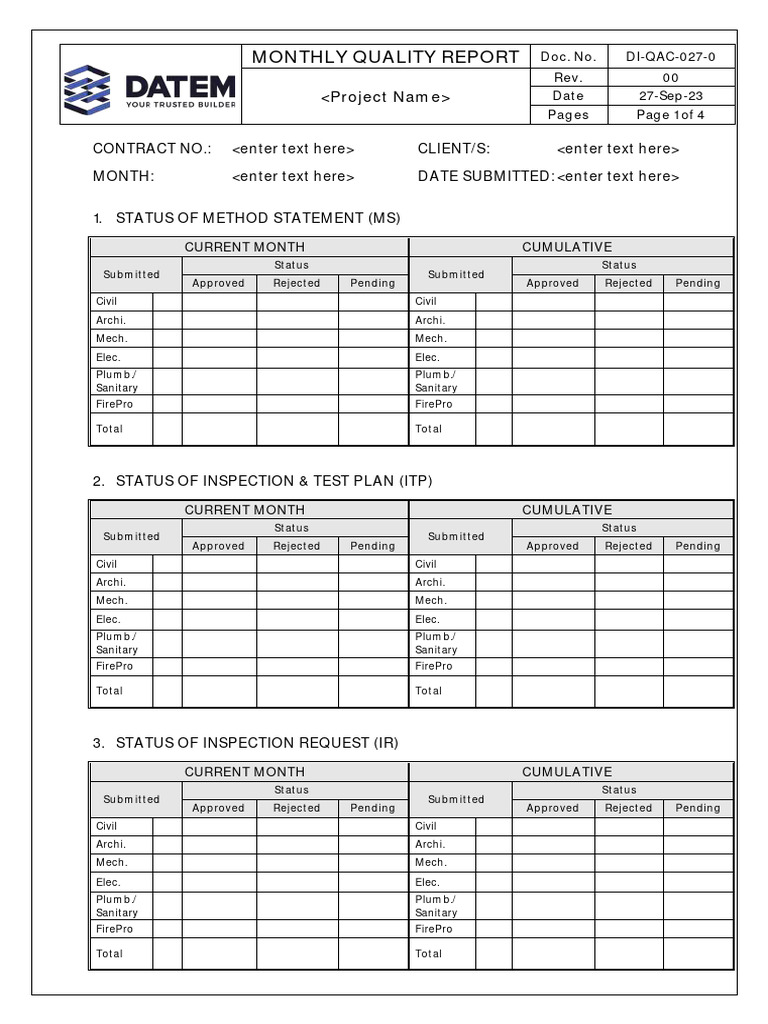 Monthly Quality Report (Template) | PDF