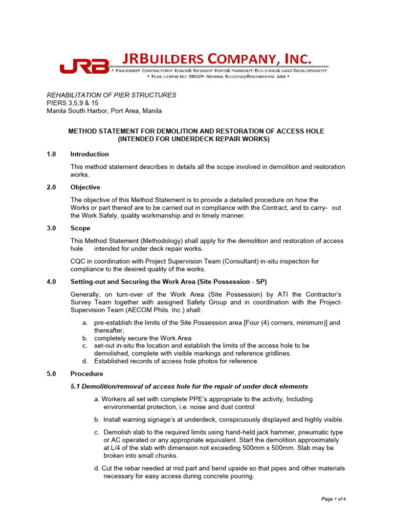 Method Statement for Pier Rehabilitation | PDF | Welding | Construction