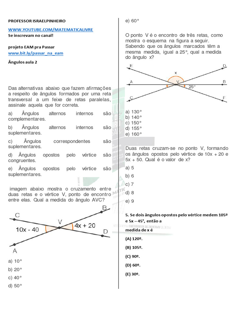 Exercícios sobre Ângulos e Vértices | PDF | Ângulo | Matemática elementar