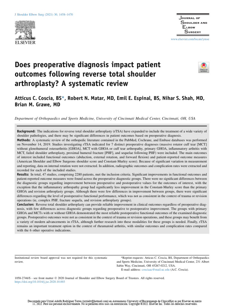Does Preoperative Diagnosis Impact Patient Outcomes Following Reverse ...