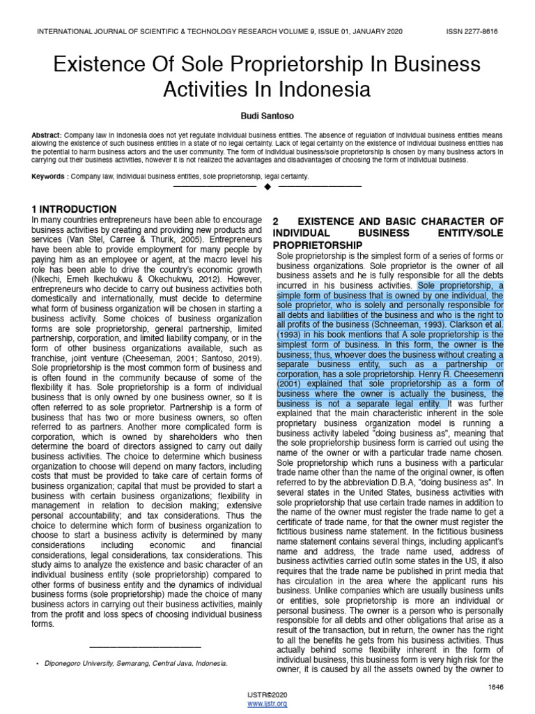 Existence Of Sole Proprietorship In Business Activities In Indonesia