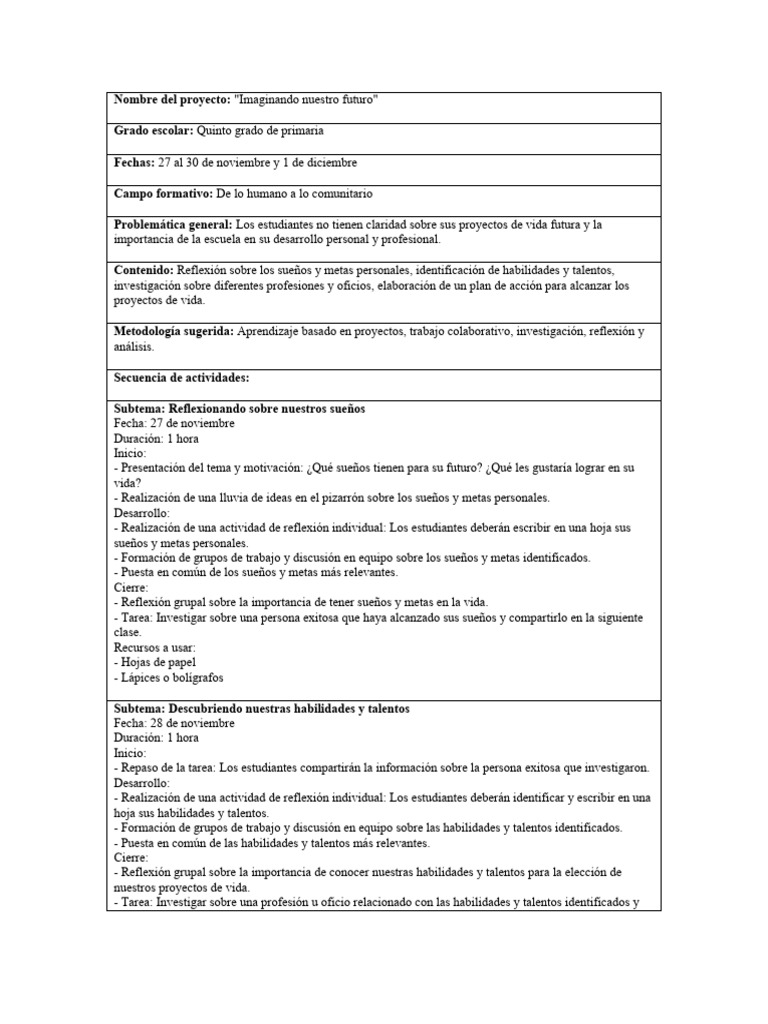 Proyectos de Vida para Quinto Grado | PDF | Aprendizaje