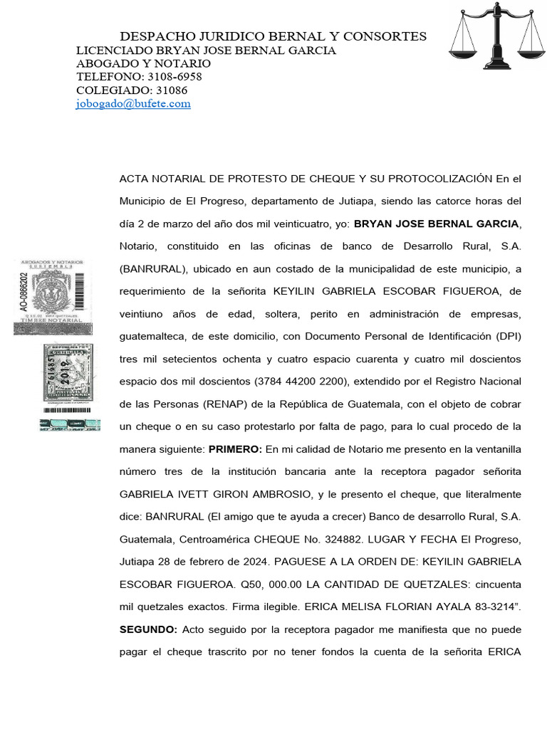Acta Notarial de Protesto de Cheque | PDF | Cheque | Guatemala