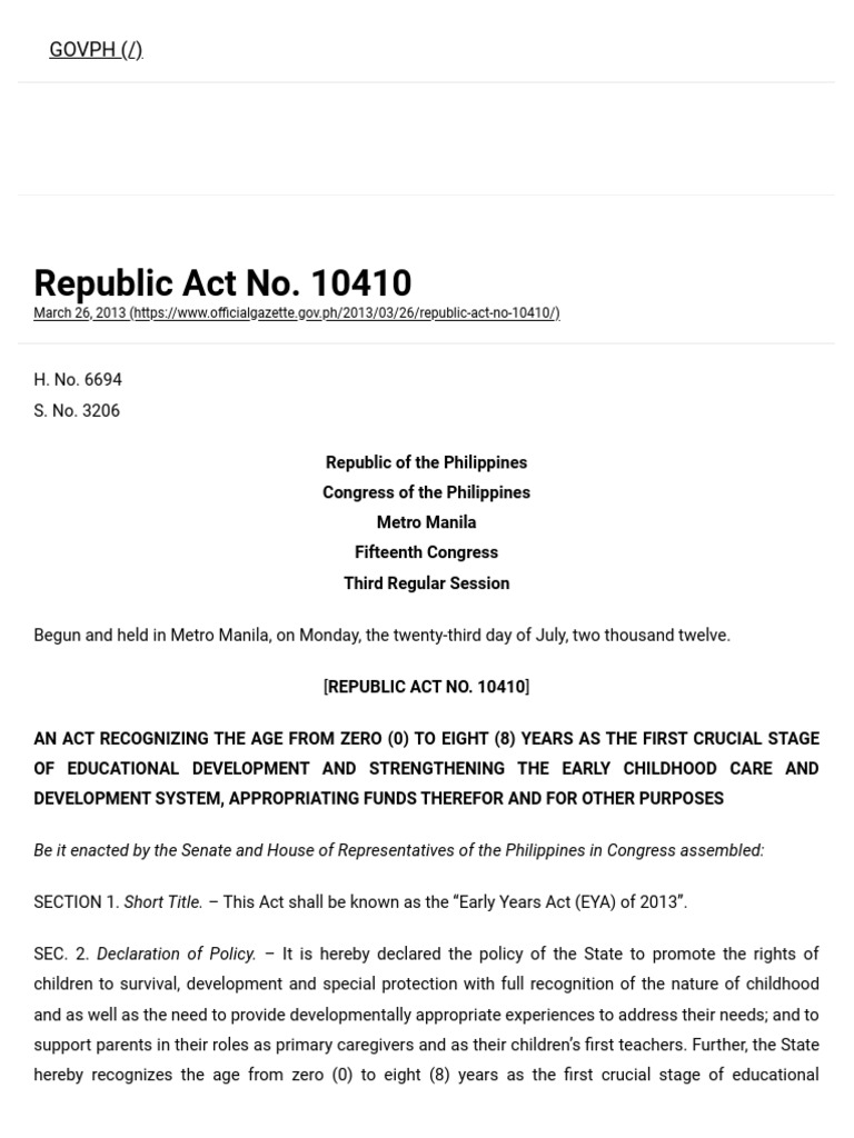 Republic Act No. 10410 - Early Years Act | PDF | Child Care  