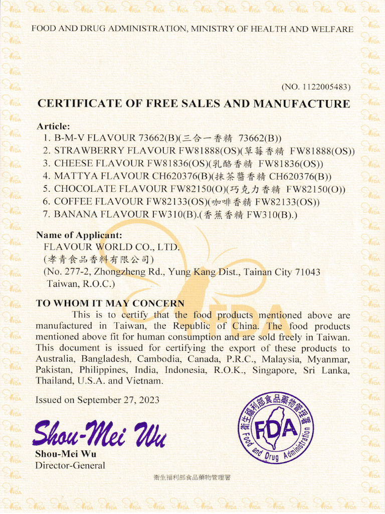Certificate of Free Sales for Flavors | PDF | Science & Mathematics
