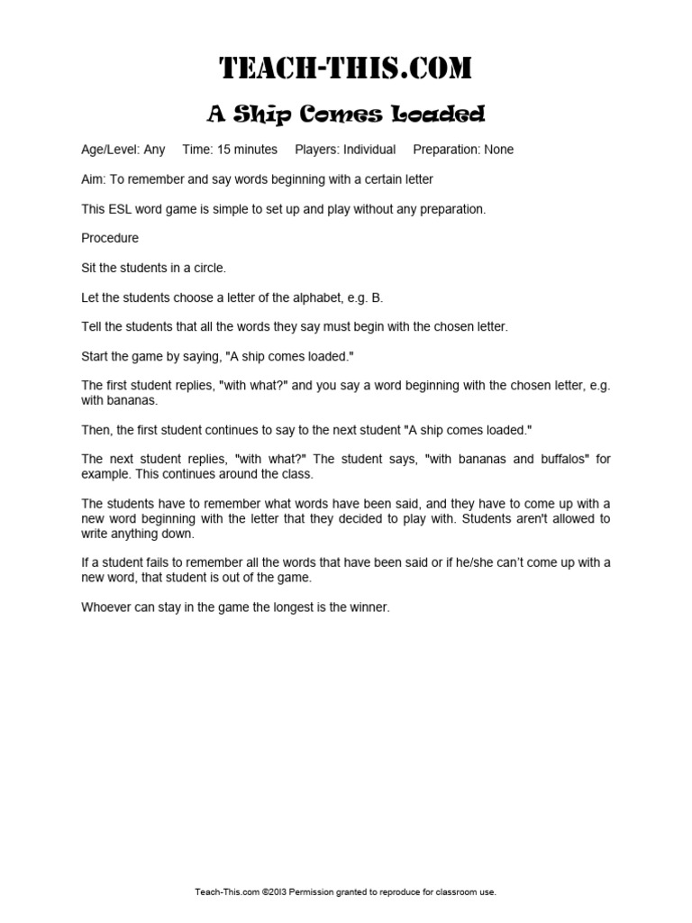ESL Word Game: A Ship Comes Loaded | PDF