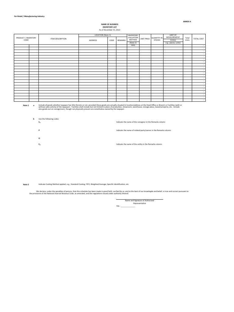 Bir Inventory List PDF Inventory