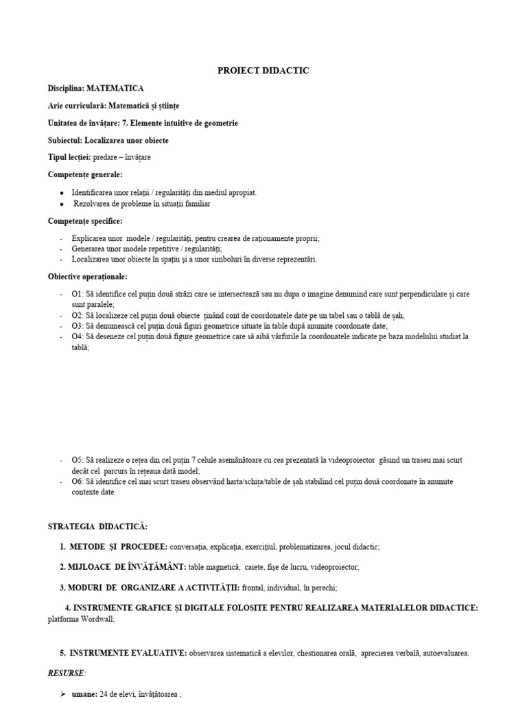Proiect Didactic Matematica Cls 4. Localizarea Unor Obiecte Elemente de ...