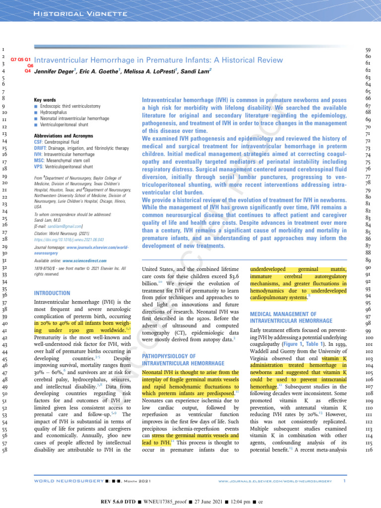 Intraventricular Hemorrhage in Premature Infants A Historical Review ...