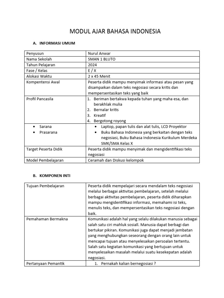 Modul Bahasa Indonesia Microteaching Teks Negosiasi Na. | PDF | Karier ...
