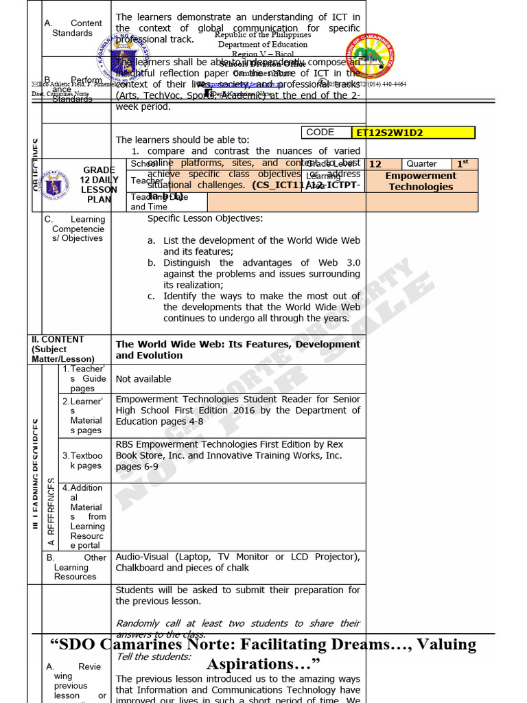 Grade 12 Empowerment Tech Lesson Plan | PDF | Educational Technology ...