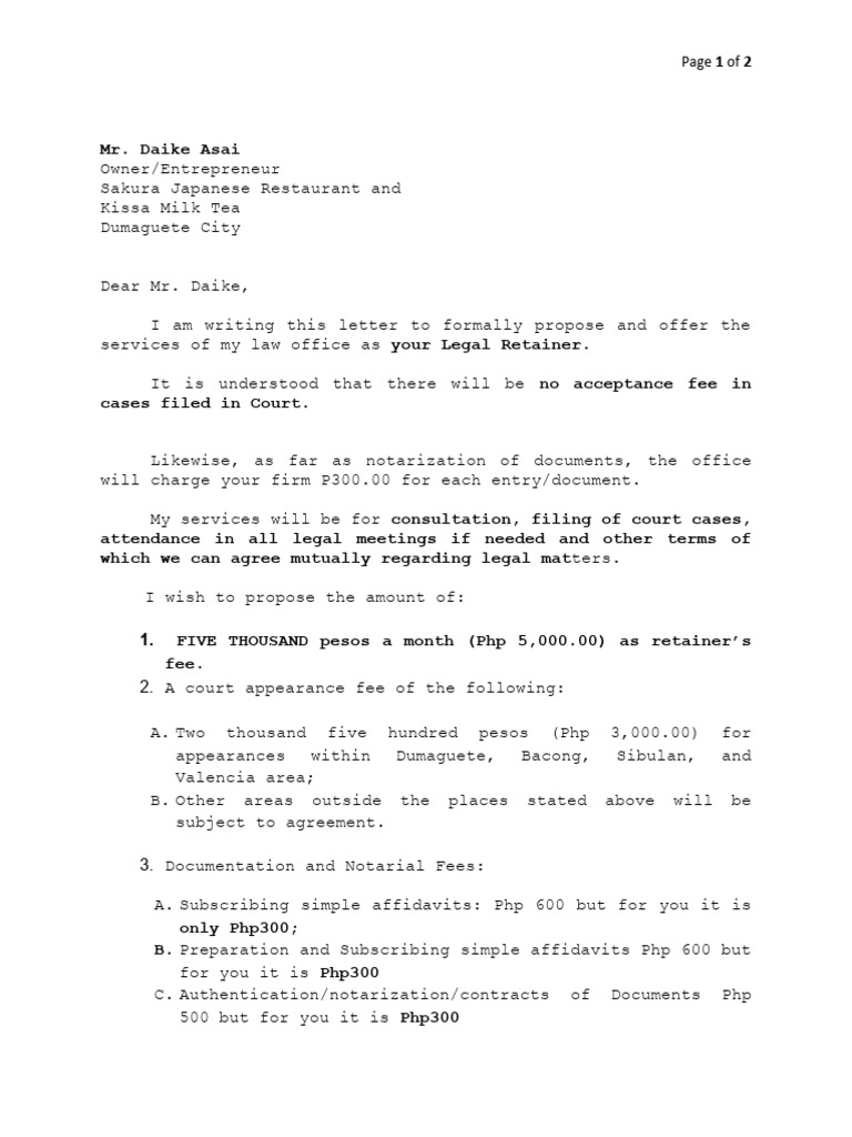 Legal Retainer Proposal for Sakura Restaurant | PDF | Affidavit | Civil ...