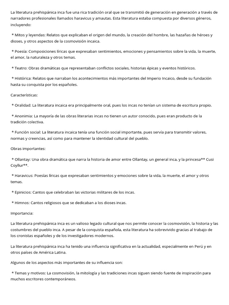 Literatura Inca: Legado y Influencia | PDF | Imperio Inca | Perú