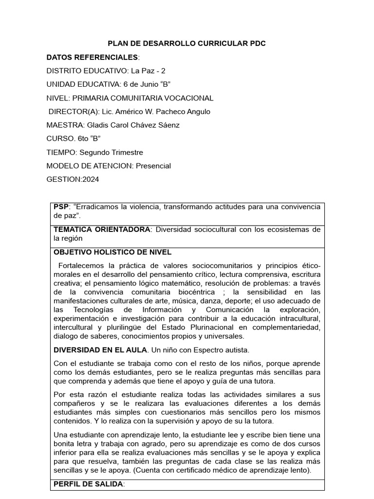Plan de Desarrollo Curricular 2024 | PDF | Multiplicación | División ...