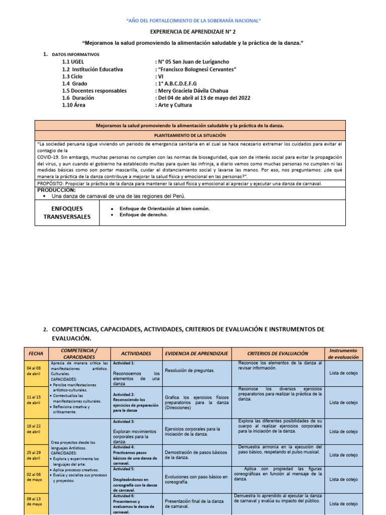 EdA 02 ARTE Y CULTURA (VI CICLO) - 2° GRADO | PDF | Bailes | Evaluación