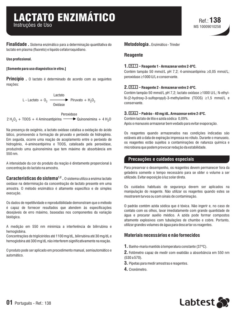 Determinação Enzimática de Lactato | PDF | Química | Fisiologia