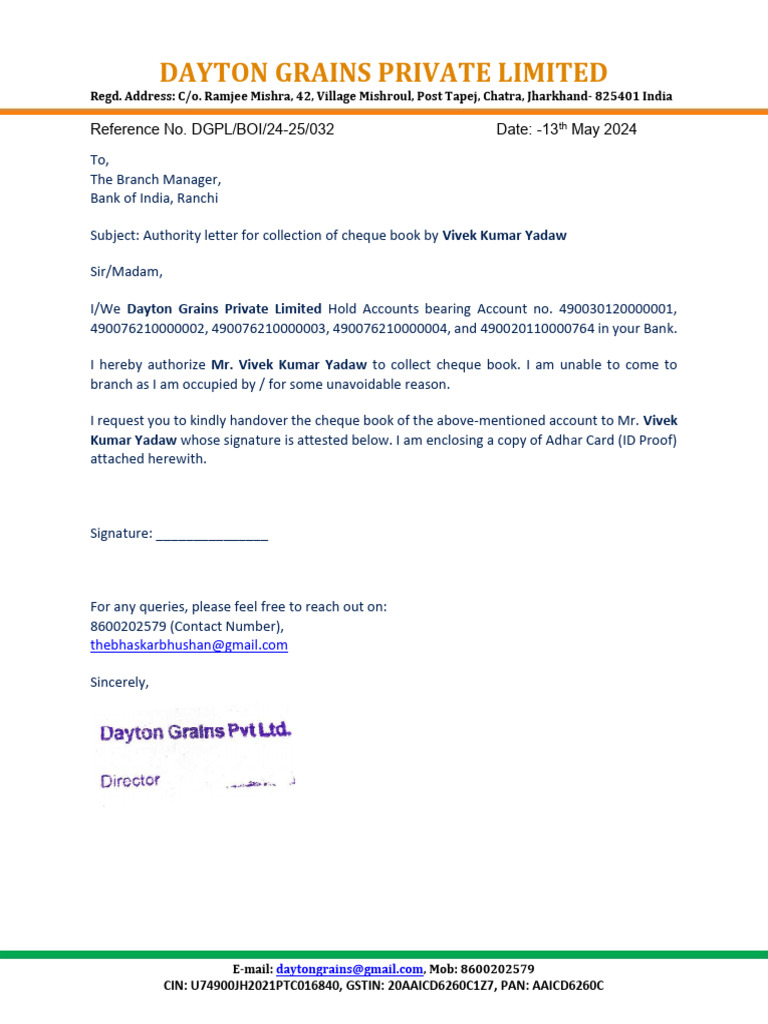 Cheque Book Collection Authorization Letter | PDF