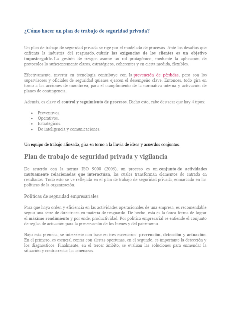 Plan de Trabajo en Seguridad Privada | PDF | Valores | Business