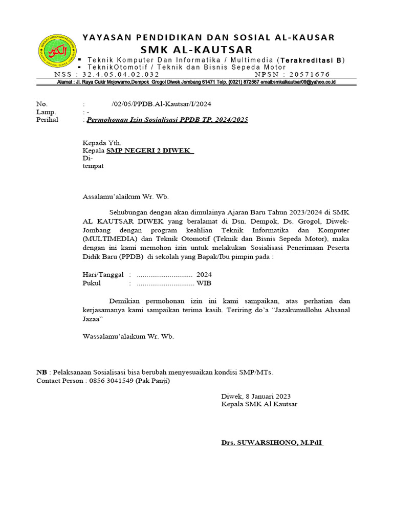 Surat Ijin Presentasi Ke Sekolah | PDF
