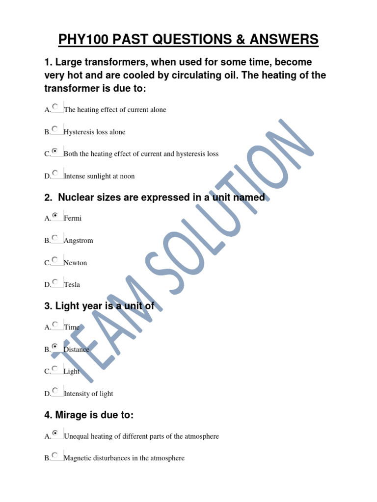 PHY100 Physics Past Questions & Answers | PDF | Force | Acceleration