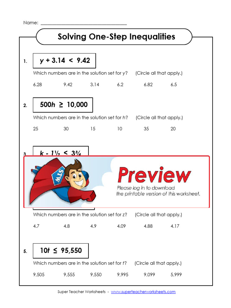 One-Step Inequalities Practice Worksheet | PDF