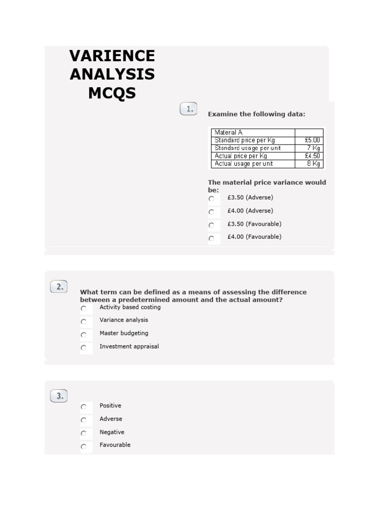 Variance Analysis MCQs and Answers | PDF | Labour Economics | Prices