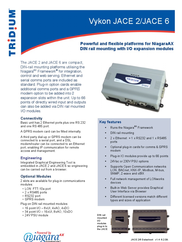 Vykon Jace 2/Jace 6 Powerful And Flexible Platforms For Niagaraax Din