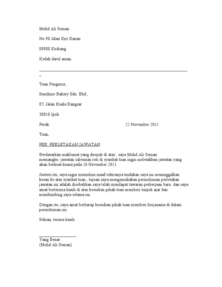 Contoh Surat Letak Jawatan Pdf