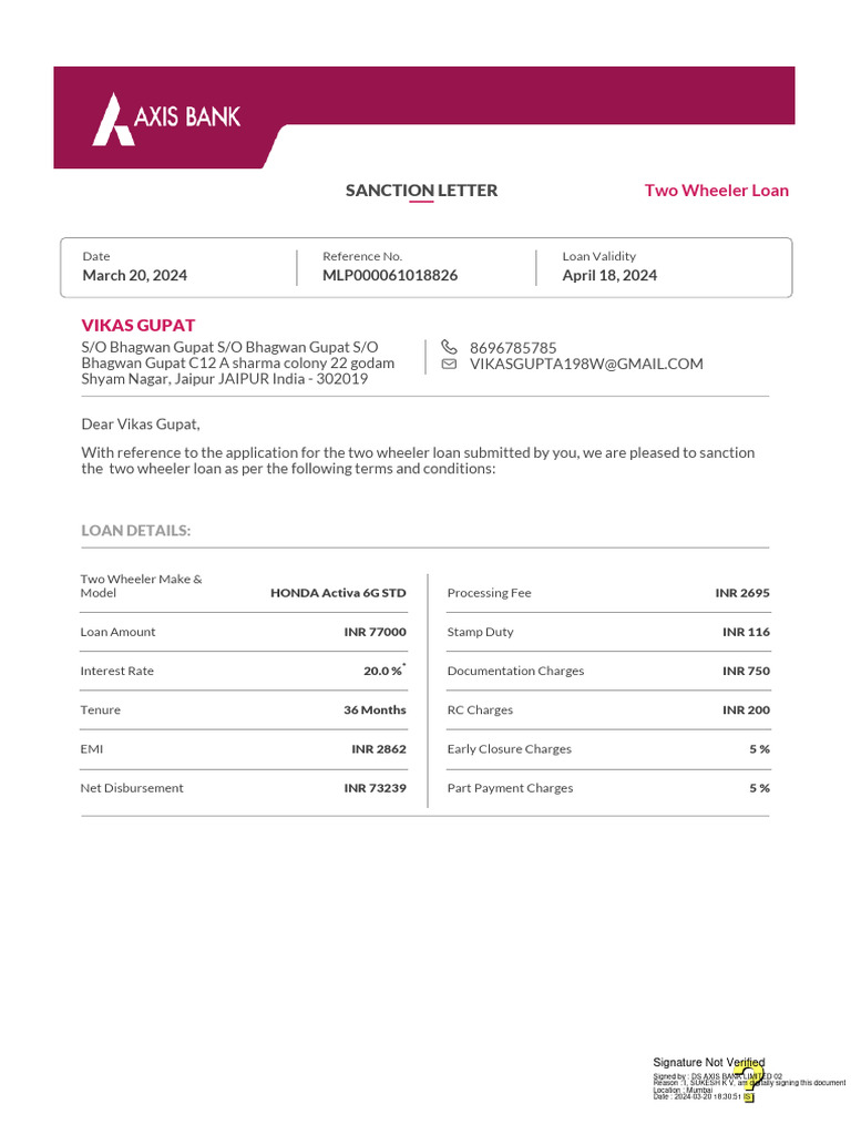 Axis Bank Two Wheeler Loan Sanction Letter | PDF | Loans | Banks